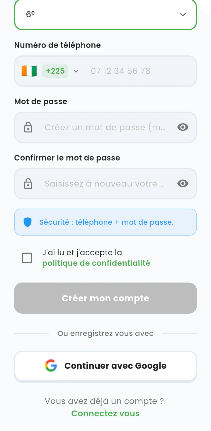 Fin du formulaire d'inscription : mot de passe, confirmation, case d'acceptation de la politique de confidentialité et bouton « Créer mon compte » désactivé.