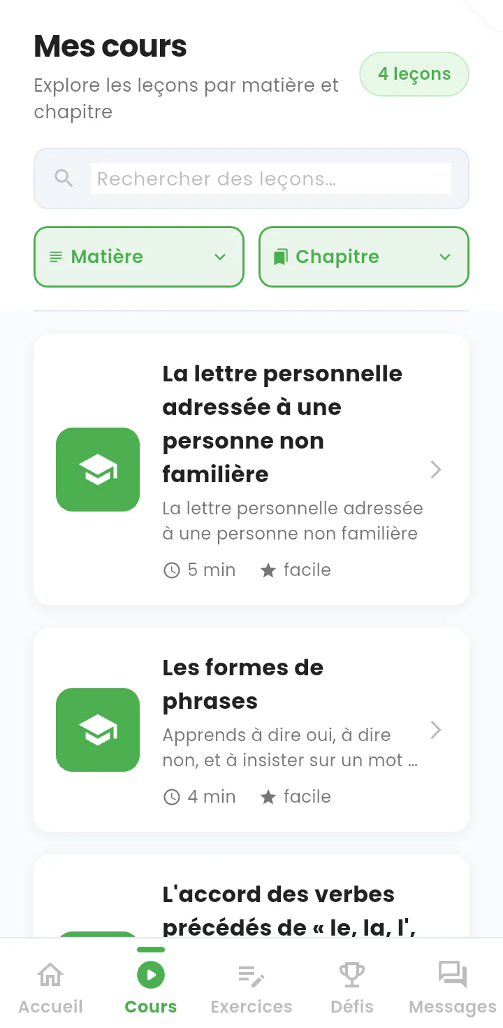 Catalogue des leçons : barre de recherche, filtres par matière et liste de leçons avec durée et difficulté.