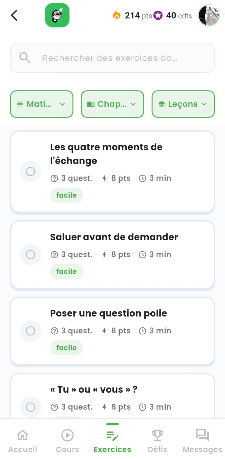 Catalogue d'exercices : filtres et cartes d'exercices indiquant questions, points, durée et difficulté.