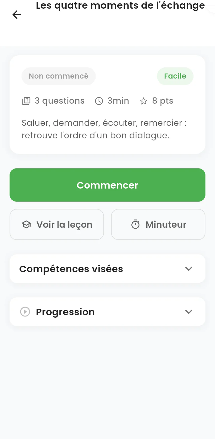 Fiche d'un exercice : statut, difficulté, nombre de questions, durée, points et bouton « Commencer ».