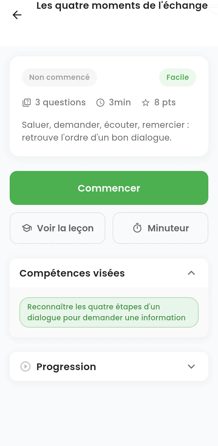 Fiche d'exercice avec la section « Compétences visées » dépliée, énonçant la compétence travaillée.