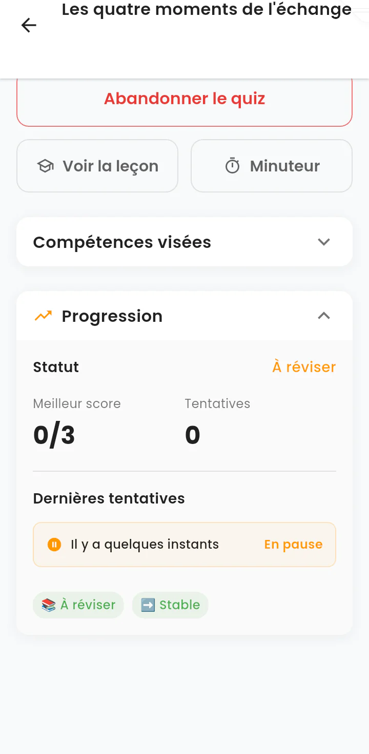 Écran de reprise d'un exercice : meilleur score, nombre de tentatives, historique et indicateur de tendance.