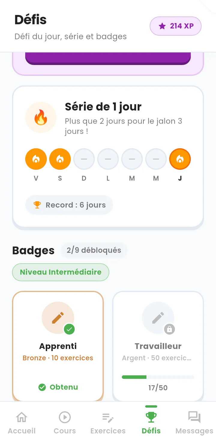Écran de la série et des badges : calendrier de la semaine, record personnel et collection de badges.