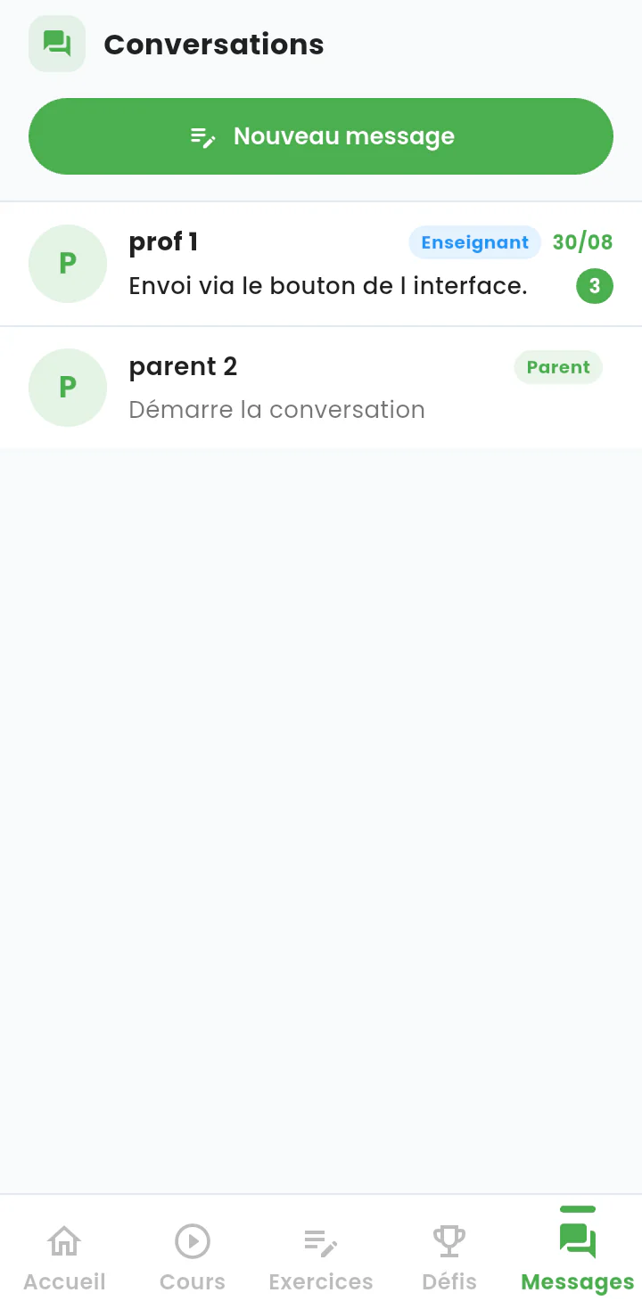 Écran de messagerie de l'application : liste des conversations avec un répétiteur et un parent.