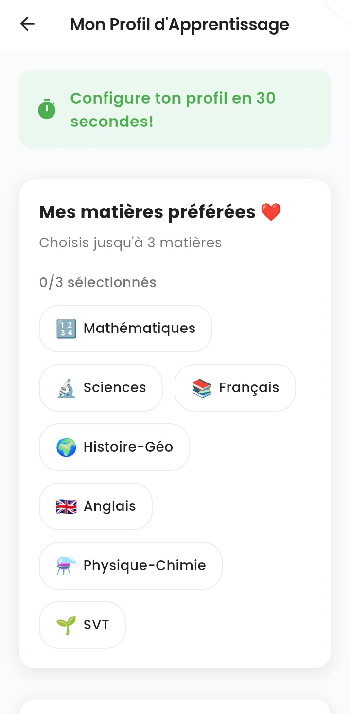 Écran de sélection des matières préférées, avec sept matières et un compteur de sélection.