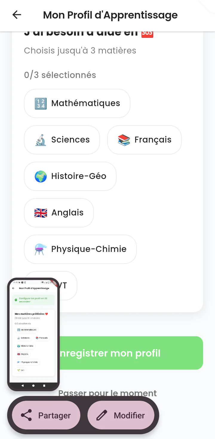 Écran de sélection des matières où l'élève souhaite de l'aide, avec la possibilité de passer l'étape.