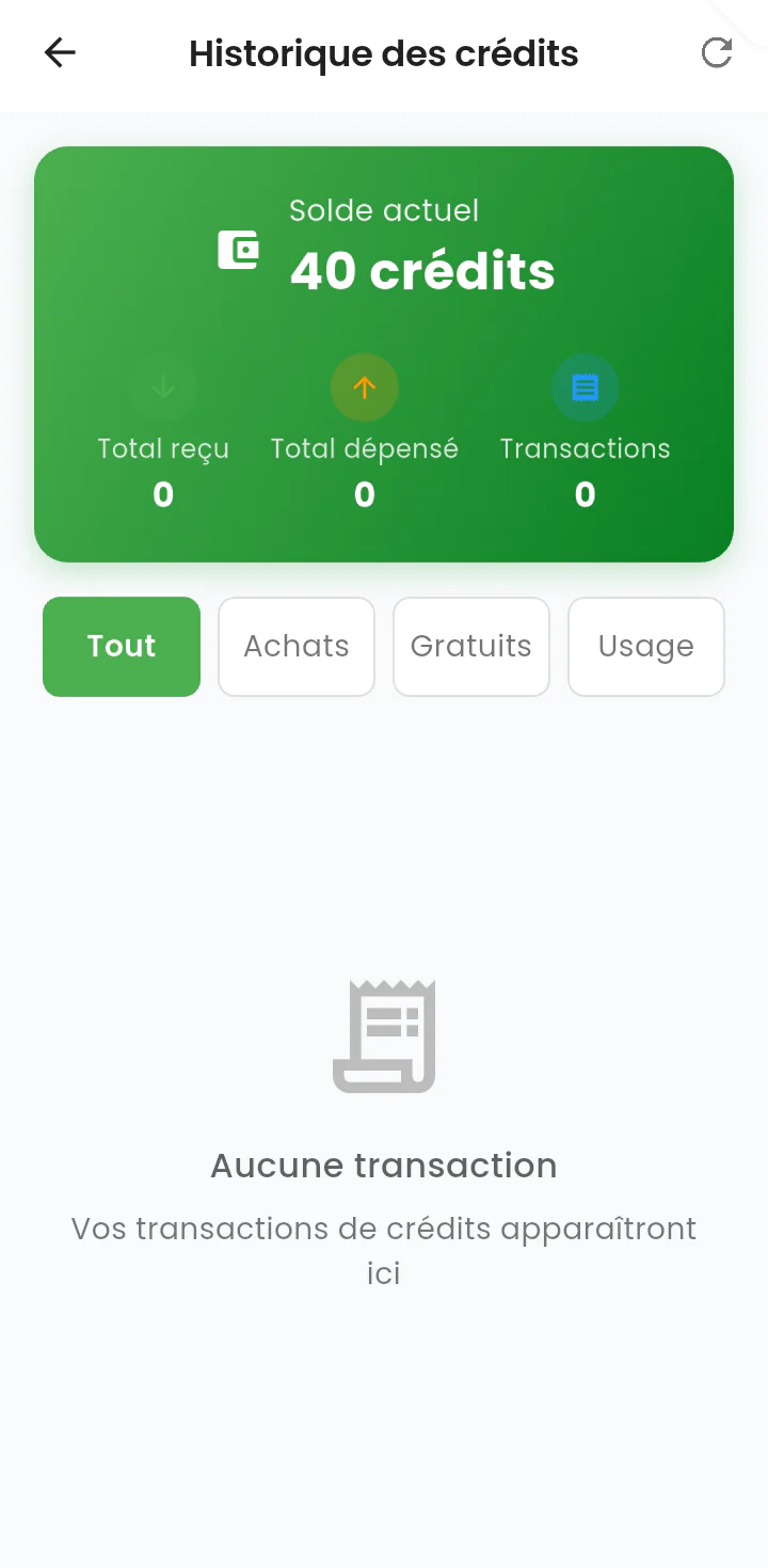 Relevé du portefeuille de crédits : solde, totaux, filtres et message d'absence de transaction.