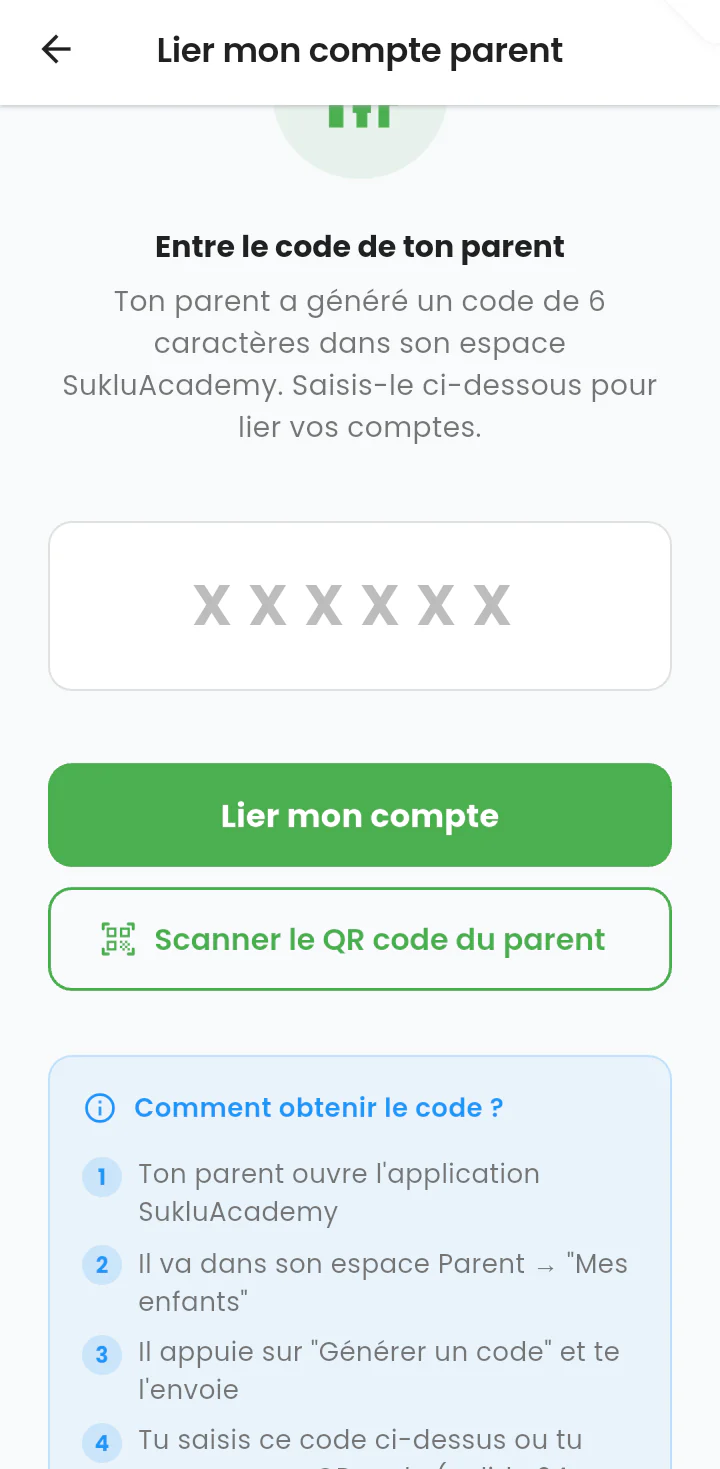 Écran de liaison avec un parent : champ de code à six caractères, lecture de QR code et mode d'emploi.