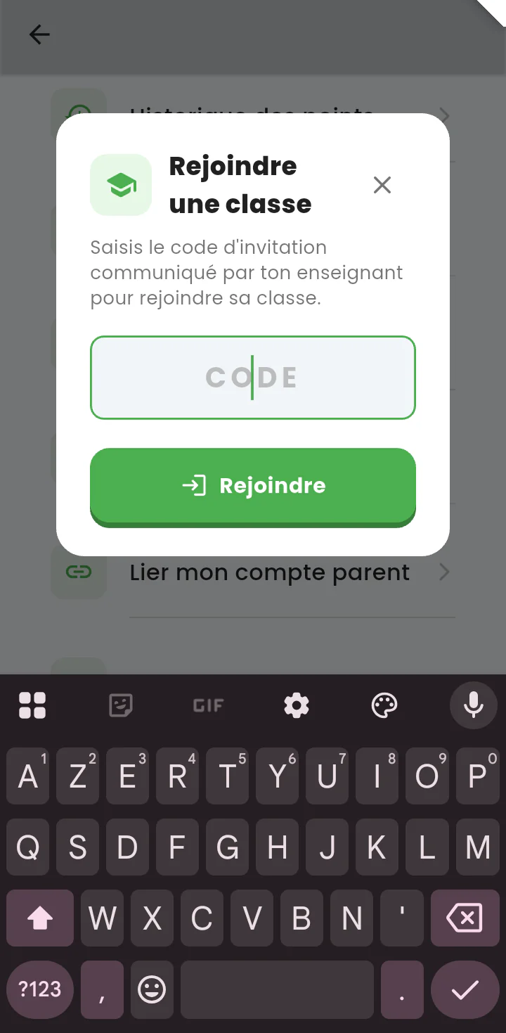 Écran pour rejoindre une classe : champ de saisie du code d'invitation de l'enseignant.
