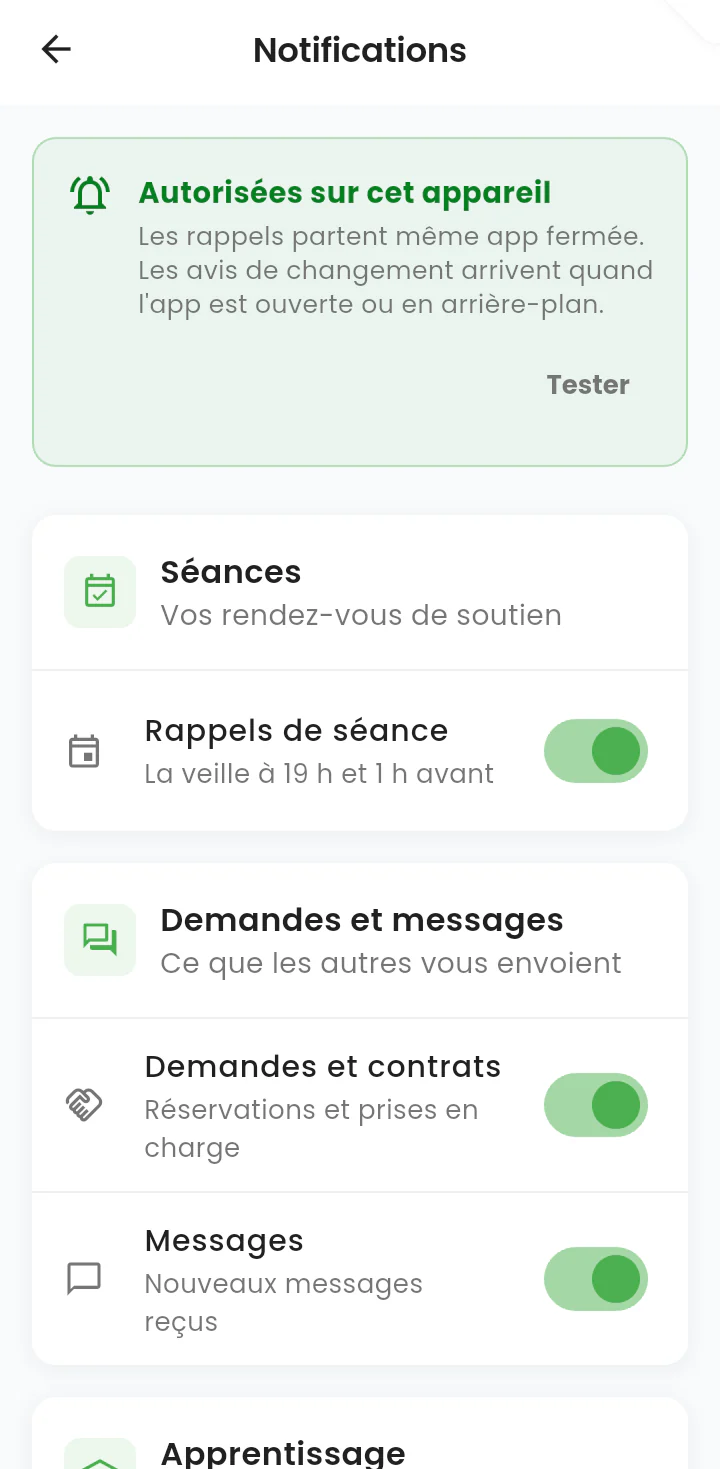 Réglages des notifications : état de l'autorisation et interrupteurs par catégorie.