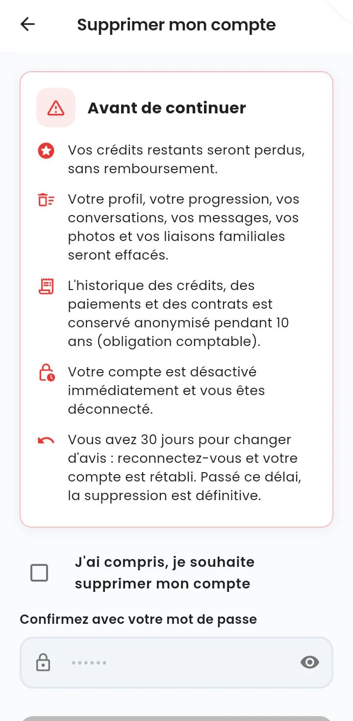 Écran de suppression du compte : liste des conséquences, case de confirmation et champ de mot de passe.